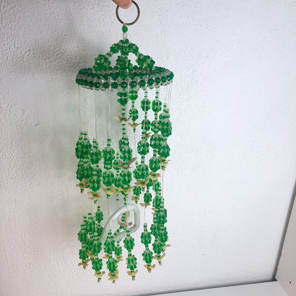 Vintage 20" Beaded Green and White Hanging Mobile Wind Chime with Dove Birds 20" - Picture 1 of 5